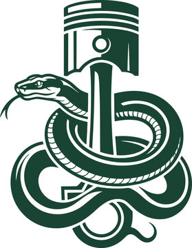 Snake coiled around an engine piston mascot vector illustration for garage logo design or automotive