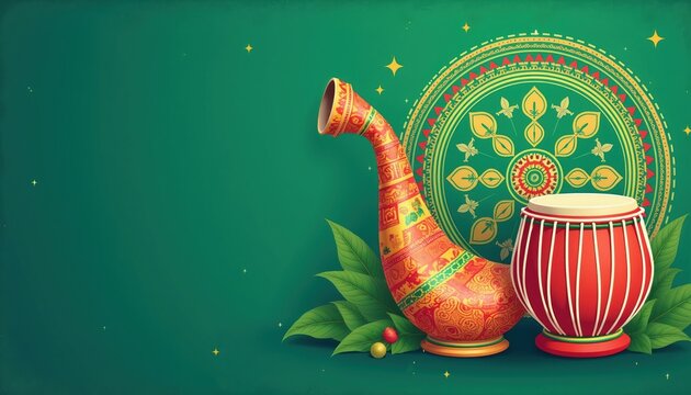 Assam traditional music instruments like horn, drum with colorful patterns on green background celebrate Bohag Bihu festival. Festive art celebrates Indian culture, heritage with vibrant design
