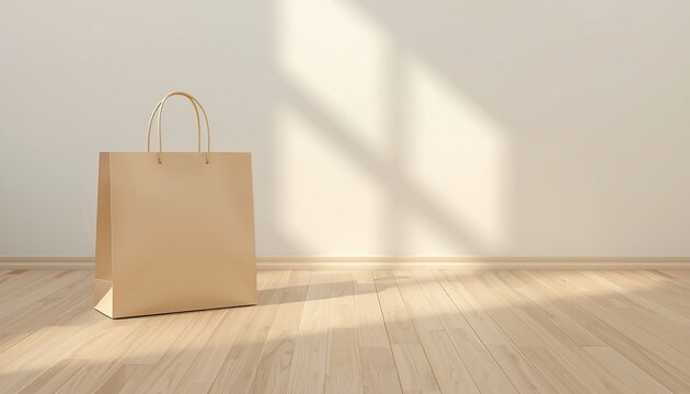 A simple brown kraft paper shopping bag stands upright on a warm wooden floor against a light wall with window shadows.