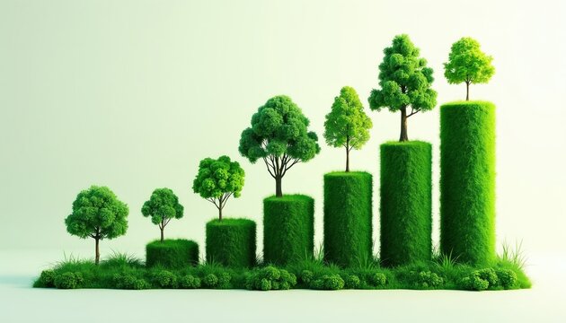 Green trees grow on grassy bar chart columns showing upward trend. Visual represents ecological progress financial success, sustainable business growth. Positive development in environment economy.