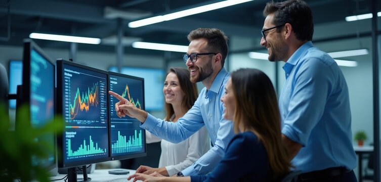 Business team reviews financial data on computer screens. Colleagues analyze graphs and charts in office. People celebrate success of trading strategy.