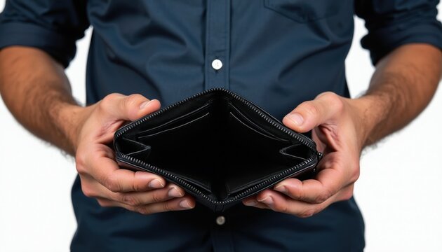 Man holds open empty black wallet showing no cash. Person faces financial hardship and lack of money. Concept of poverty debt and budget problems.