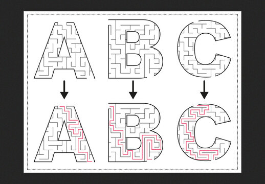 Maze with solution, educational labyrinth, puzzle with answers, fun for kids and adults