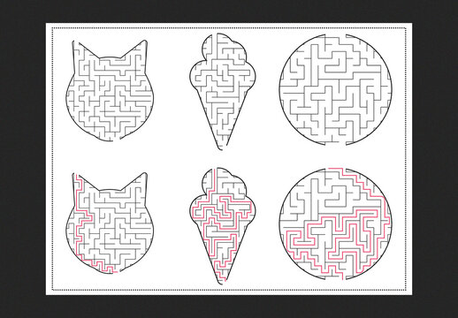 Maze with solution, educational labyrinth, puzzle with answers, fun for kids and adults