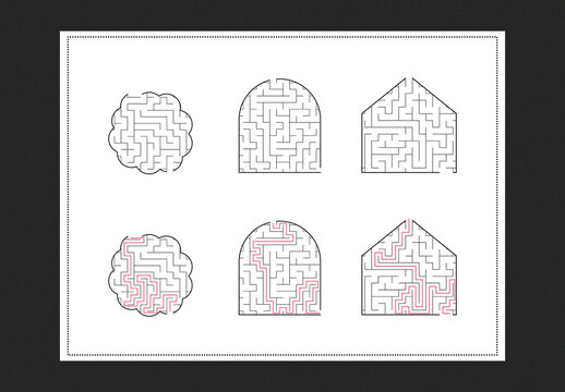 Maze with solution, educational labyrinth, puzzle with answers, fun for kids and adults