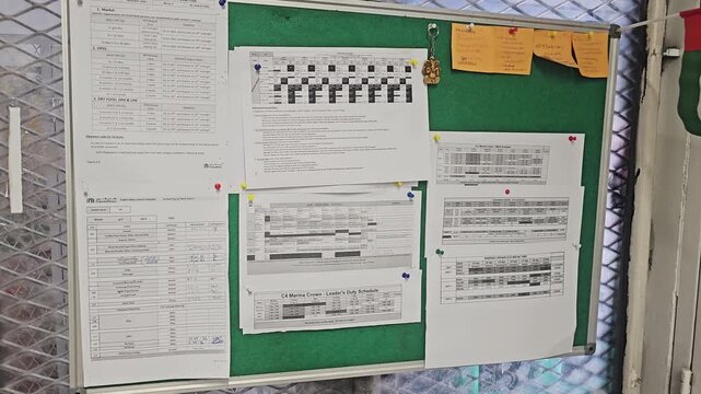 Office bulletin board with pinned documents, schedules, and charts on a green felt surface, showcasing organizational workflow and information.
