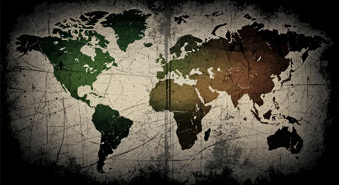 A vintage world map with a distressed texture and muted color palette