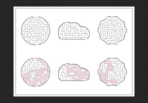Maze with solution, educational labyrinth, puzzle with answers, fun for kids and adults