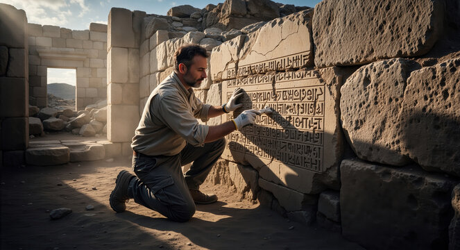 Archaeologist cleaning ancient stone carvings at a historic ruin site. Male researcher working on excavation