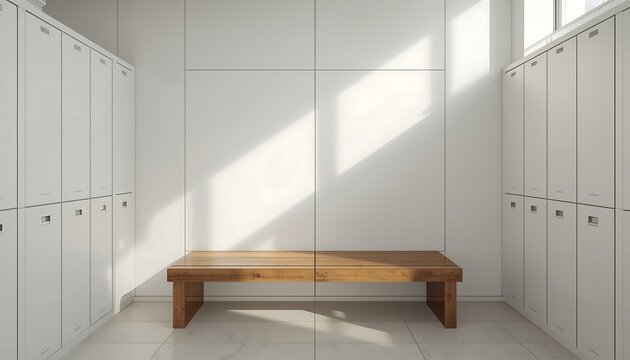 A bright and clean modern locker room features rows of white lockers lining the walls with a central wooden bench.