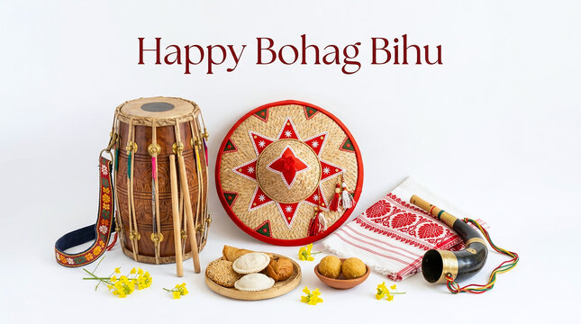 Bohag bihu festival celebration items isolated on white background