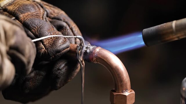 Plumber using blowtorch to solder copper pipe joint. Technician melting metal wire for leakproof connection in metal fabrication work. Industrial plumbing repair.