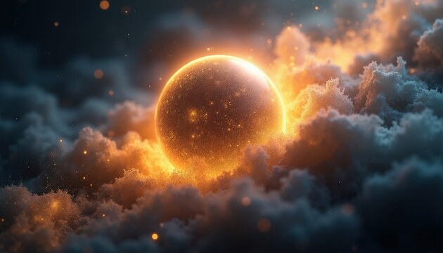 Glowing orb of light and energy floats in abstract clouds and sparks. This surreal cosmic scene suggests wonder, mystery, and the unknown. Dynamic abstract digital art.