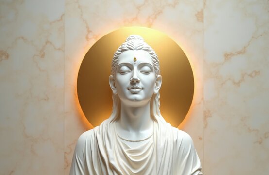 White marble statue of Lord Mahavir in meditation. Golden sun disk glows behind his serene face. Jainism symbol on forehead. Peaceful spiritual atmosphere.