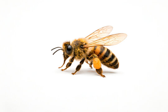 Honey bee isolated on white background with detailed wings and pollen, macro insect photography for scientific, educational and nature concepts