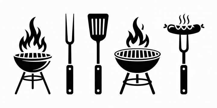 A set of black and white icons depicting barbecue grills and utensils on a clean white background