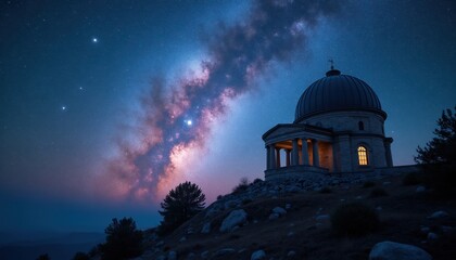 Obraz premium Ancient stone observatory sits on a hill under vast starry sky. Milky Way galaxy band stretches across the night heavens above a remote mountaintop structure. Light glows from one window.