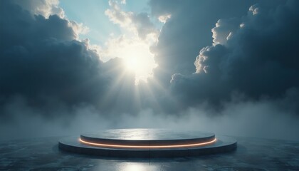 Naklejka premium Round podium with glowing edge sits on wet surface. Dramatic clouds and sun rays fill the background sky. Use for product launch or event announcement.