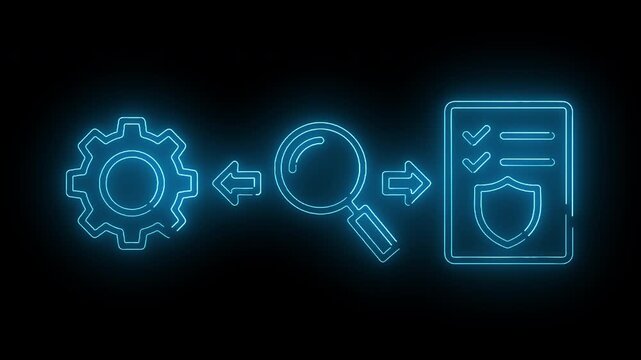 Neon-lit icons of gear, magnifying glass, and document with shield on a black background, conveying a cybersecurity and optimization concept.