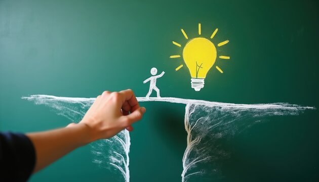 Chalk drawing on chalkboard shows person crossing gap on bridge towards bright light bulb. Idea generation, problem solving, and innovation concept.