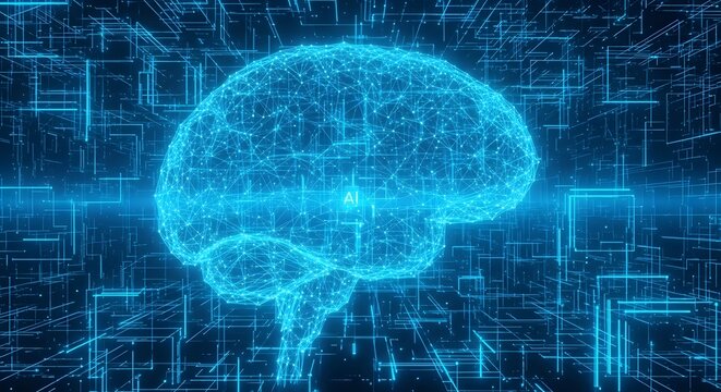Glowing digital human brain wireframe in a cyberspace grid environment