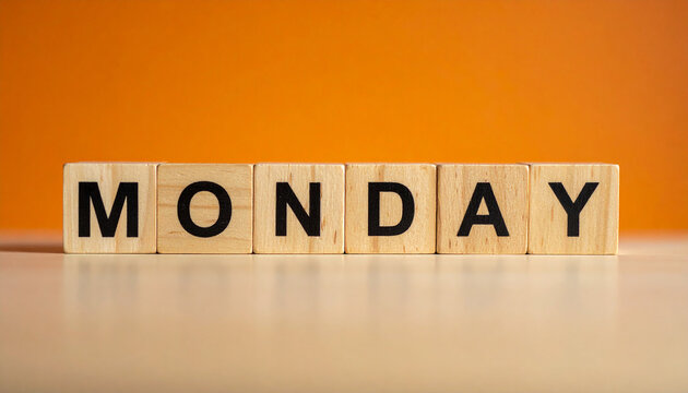 Text MONDAY on wooden cubes, blurred orange background, concept of new week, productivity, fresh start and routine.