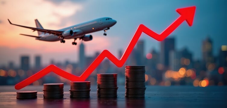 Airplane flies over stacked coins and red graph showing rising costs. City skyline blurs in background. Indicates increased travel expenses and financial impact.