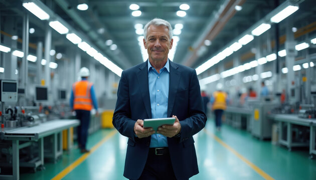 Mature man in suit holds tablet, walks through modern factory floor. Employees work on assembly line in background. Manager checks production.