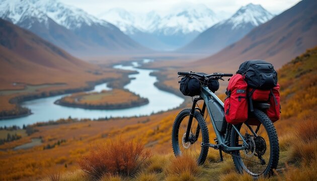 Mountain bike rests on grassy hill overlooking river valley. Snow capped mountains rise in distance. Autumn colors fill landscape. Bike packed for long journey.