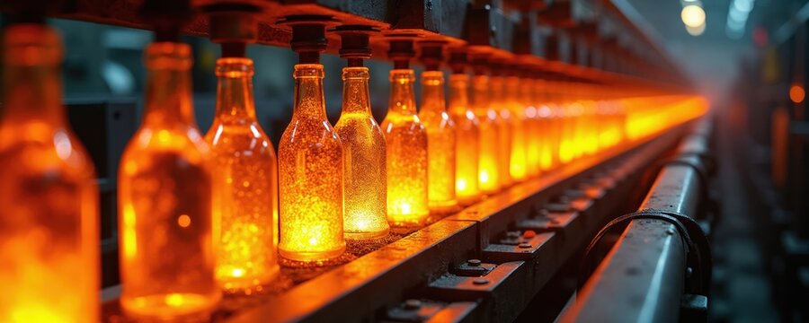 Molten glass bottles move along conveyor belt in factory. Automated production line heats glass containers in industrial facility. High temp glass manufacture process creates products.