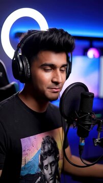 young indian man with headphones singing into microphone in studio with neon lights. male podcaster recording audio or streaming live video. content creator workspace. music blog, social media.