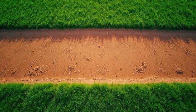 Aerial view of baseball infield dirt and green grass. Texture pattern shows lines from above in natural light. Sport field background, empty diamond for game.