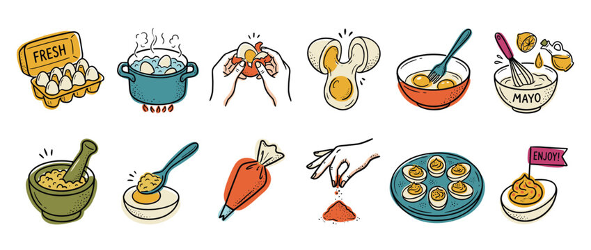 Deviled eggs recipe instruction icons set showing the step-by-step cooking process from boiling to serving, illustrated in a colorful hand-drawn doodle style for a culinary guide