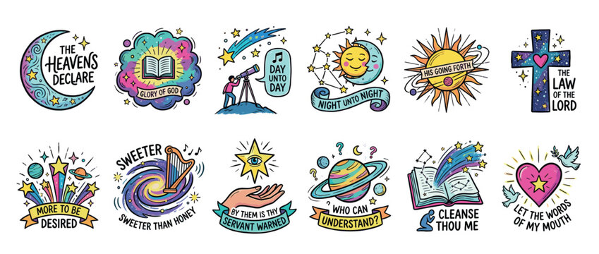 Vibrant set of twelve Christian illustrations based on scripture, depicting celestial motifs like the sun, moon, and stars alongside spiritual symbols in a charming doodle art style