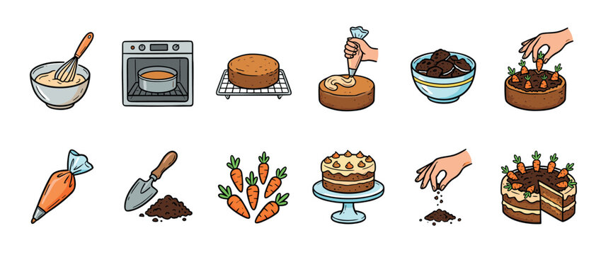 Set of colorful cartoon illustrations showing the step-by-step process of baking and decorating a delicious homemade carrot cake from mixing the batter to the final slice