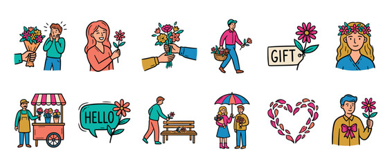 Naklejka premium Collection of colorful doodle style illustrations showing people giving and receiving flowers as gifts for romantic dates and celebrations, featuring a florist, a couple, and heart symbols