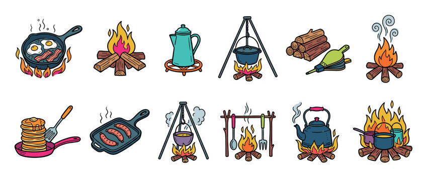 Colorful collection of hand-drawn camping cooking equipment icons showing campfires, kettles, pans with food, tripods, and firewood for outdoor adventure themes