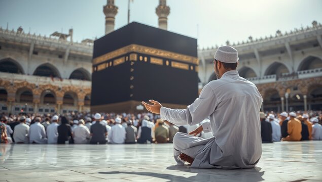 A devout muslim man sits and prays before the sacred kaaba in the grand mosque, mecca