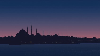 Naklejka premium Istanbul city skyline silhouette at dusk over the bosphorus, showcasing historic architecture