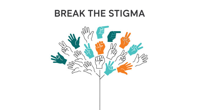 Mental health awareness tree, break the stigma, hand icons, colorful illustration, social issue symbol