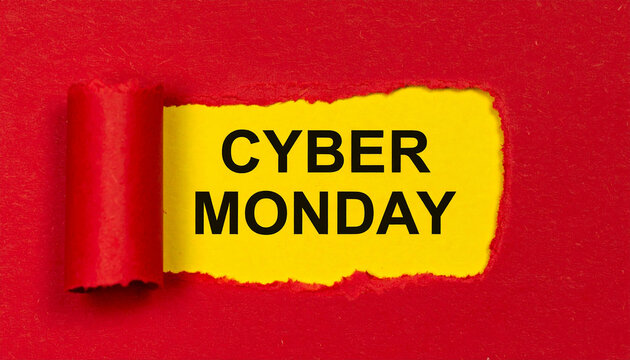 Torn yellow paper displaying words CYBER MONDAY on dark red background. Online shopping deals, digital sales event, ecommerce marketing