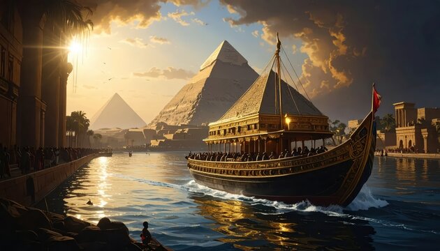 Ancient Egyptian Nile River Voyage with Pyramids and Sailing Ship.