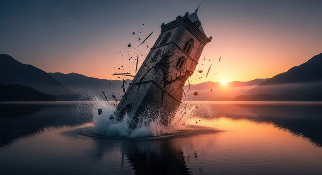 Dramatic depiction of a collapsing tower amidst a serene lake at sunset scenery