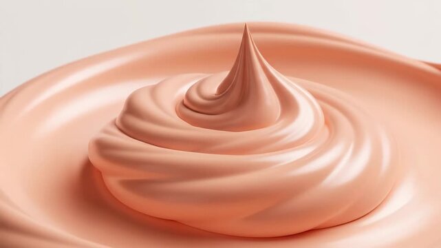 close up of pink cosmetic cream swirl. smooth silky texture of foundation or body lotion with peak in center. abstract background for beauty, skincare and makeup concepts.