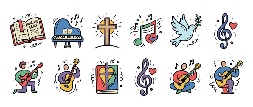 Set of hand-drawn Christian music illustrations in a colorful doodle style showing a cross, piano, guitar, dove, and hymn book for worship and praise themes