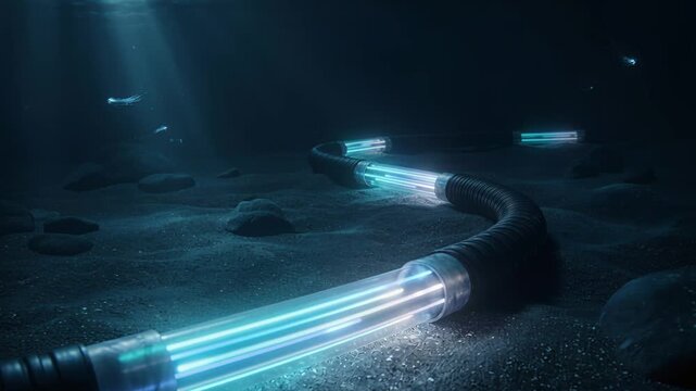Seafloor illuminated by glowing fiber optic cables and data cores