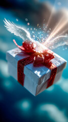 Naklejka premium A gift box with feathered wings floating in soft dreamy light