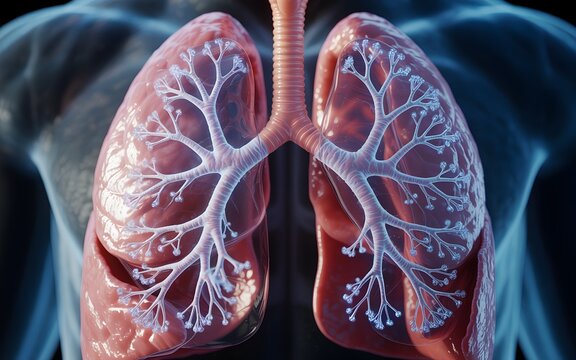 Detailed 3D illustration of human lungs and respiratory system, showcasing intricate bronchioles and alveoli.