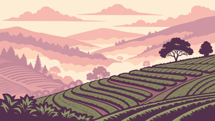 Dreamy pastel valley landscape with farms and layered mountains. Modern flat vector design suitable for travel, nature branding, and environmental themes. © Tamar