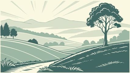 Calm rolling hills and farmland in soft tones. Clean and simple vector illustration, perfect for backgrounds, banners, and eco or agricultural projects. © Tamar